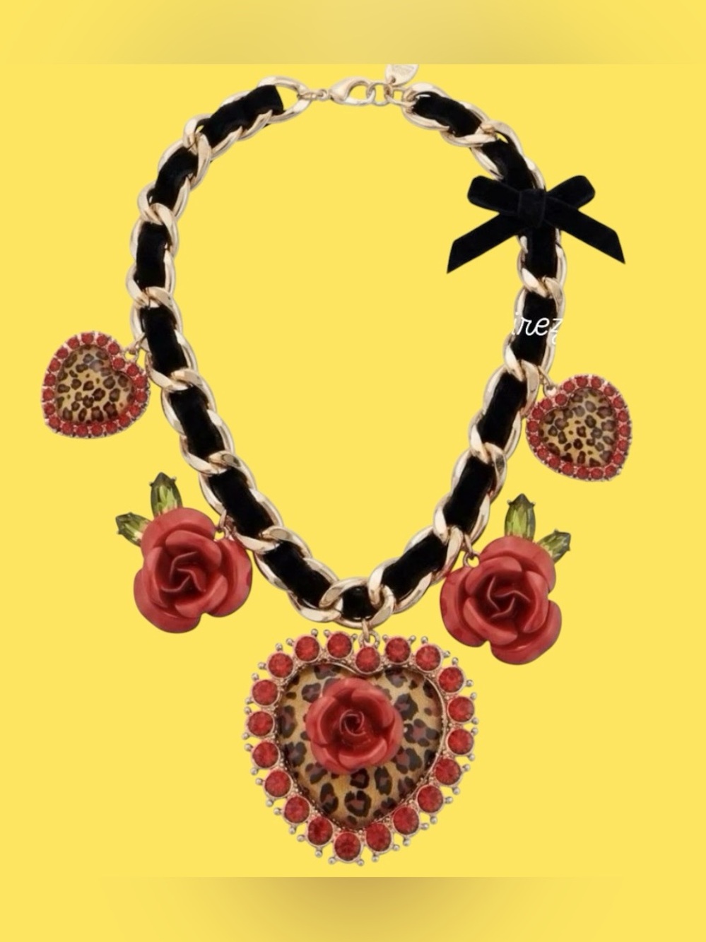 Betsey Johnson Gold-Tone Chain Necklace with Red Roses and Leopard Heart - Picture 9 of 16